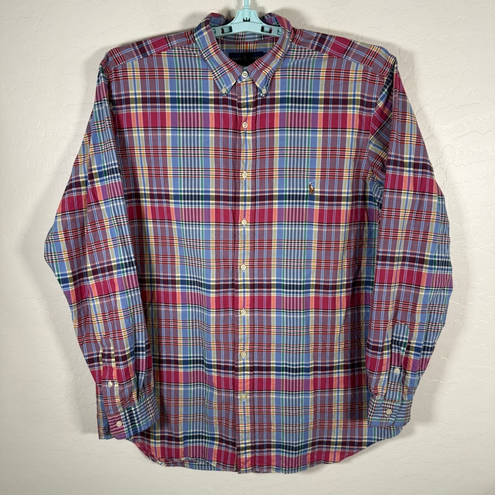 Ralph Lauren Button Down Shirt Mens‎ XLT Blue Red Plaid Long Sleeve Pony Oxford